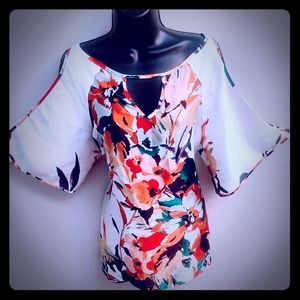 Allen B Floral, Batwing, cold shoulder top.
